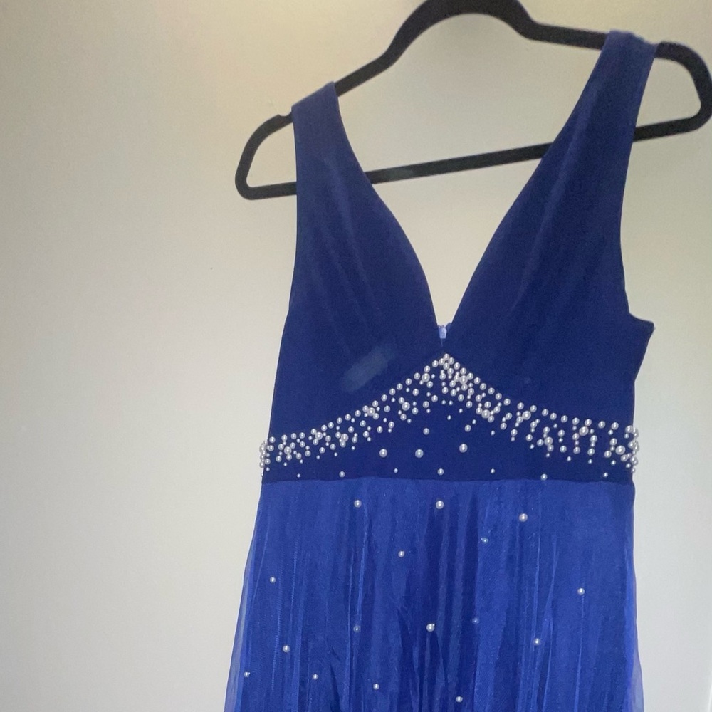 Elegant Blue Gown with Pearl Accents